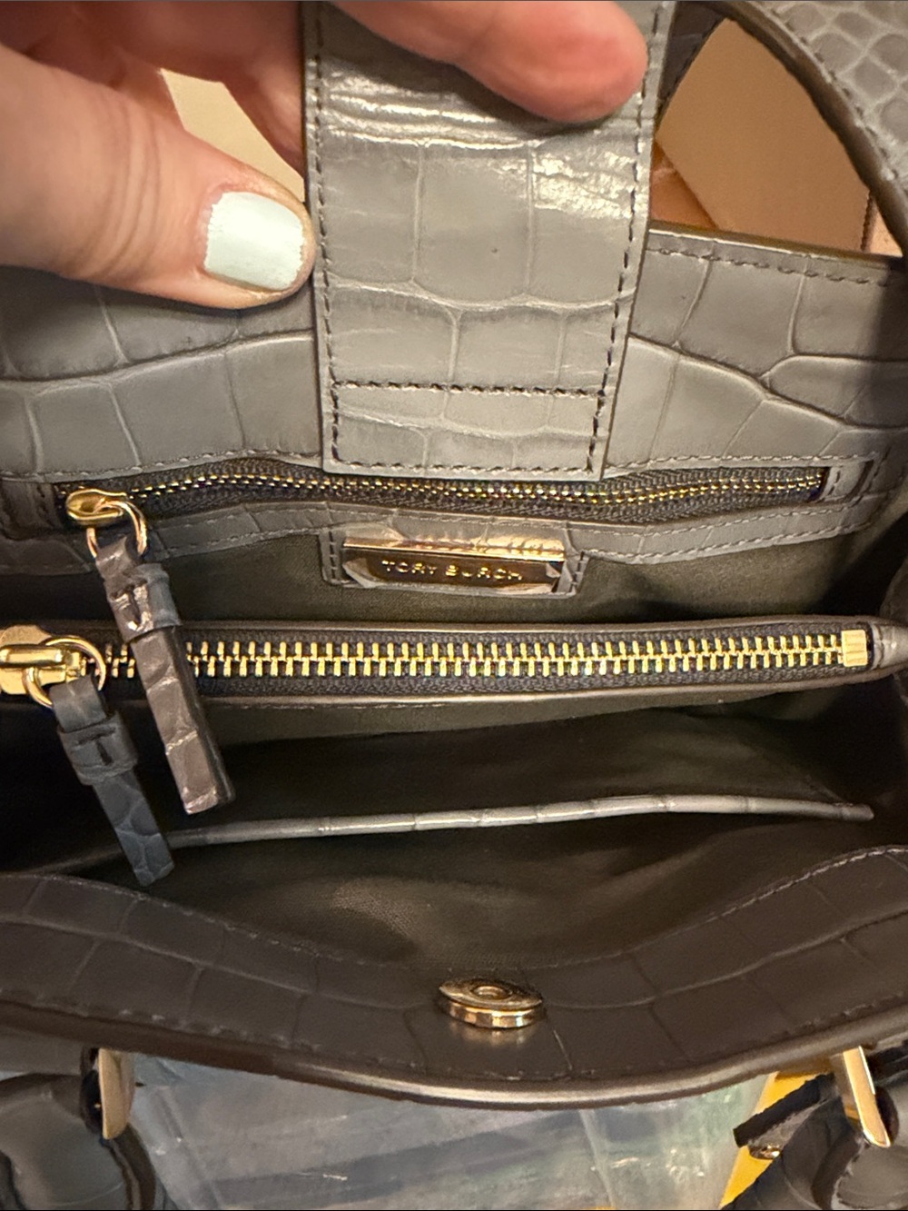 Tory Burch Gray Croc-Embossed Tote with Gold Hardware - Picture 4 of 9